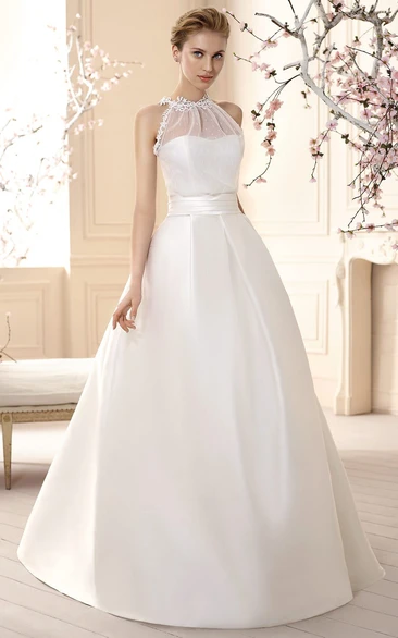 Sleeveless A-Line Satin Wedding Dress with High-Neck and Floor-Length Simple Wedding Dress