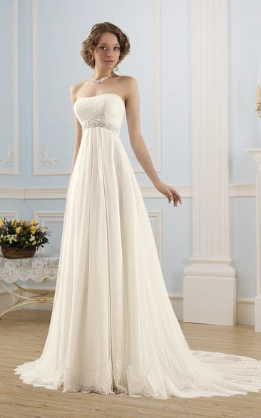 Strapless Empire Lace Tulle Bridesmaid Dress with Pleats and Waist Jewelry