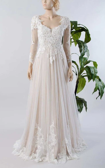 A-Line Tulle Wedding Dress with Lace Applique and Illusion Long Sleeves