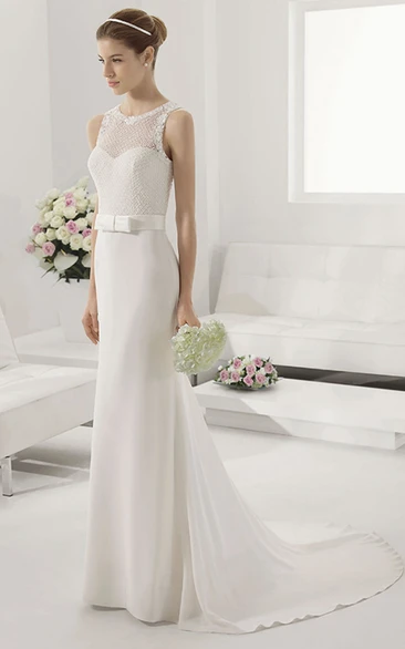 Sleeveless Sheath Wedding Dress with Scoop Neck Belt and Pearl Net Bodice Elegant Bridal Gown
