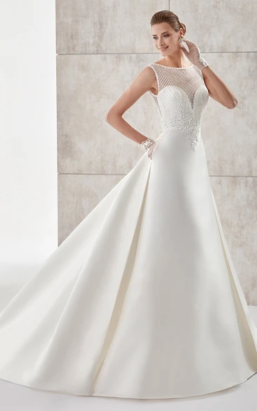 Satin A-Line Wedding Dress with Lace Bodice and Open Back Classic Bridal Gown