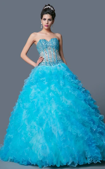 Organza Ball Gown Prom Dress with Sweetheart Sleeveless Neckline Beading and Ruffle