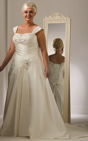 Taffeta Wedding Dress with Cap Sleeves Crystals and Lace-Up Back