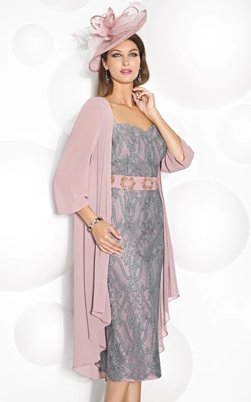 Appliqued Chiffon Mother Of The Bride Dress Tea-Length Scoop Neck 3-4 Sleeve