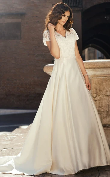 V-Neck Satin&Lace A-Line Wedding Dress