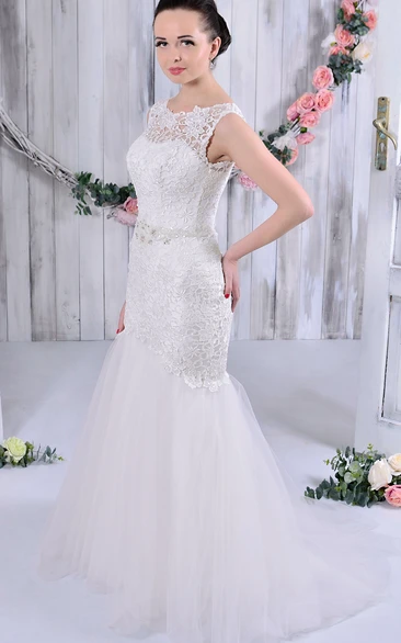 Jeweled Tulle&Lace Mermaid Wedding Dress Sleeveless Scoop-Neck Maxi Gown