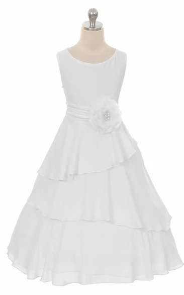 Ruched Chiffon Flower Girl Dress Tea-Length with Floral Print and Sash