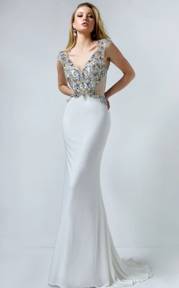 Crystal Detailing V-Neck Cap-Sleeve Sheath Prom Dress in Jersey Fabric