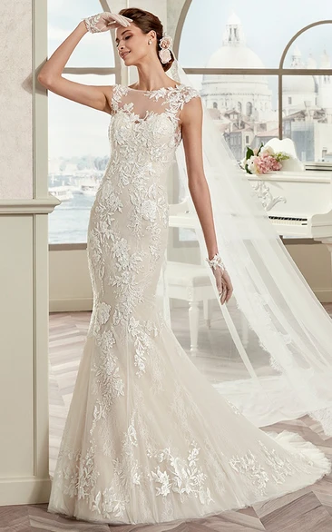 Cap Sleeve Mermaid Wedding Dress with Illusion Neckline and Open Back