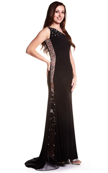 Long V-Neck Beaded Jersey Prom Dress with Sweep Train Classy Prom Dress Women