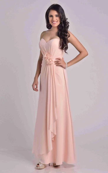 Chiffon Dress with Front Draping and Floral Accents Sweetheart Neckline