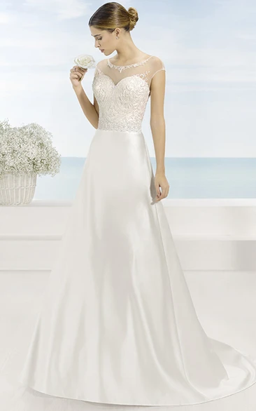 A-Line Satin Wedding Dress with Embroidery and Short Sleeves