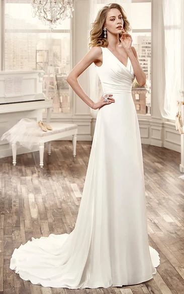 Chiffon Cap-Sleeve Wedding Dress with Low-V Neckline and Brush Train Flowy Bridal Gown