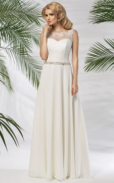 Jeweled Chiffon Wedding Dress Sleeveless Scoop-Neck Flowy