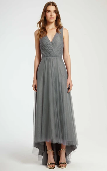 Strapless Ruched Tulle Bridesmaid Dress with Brush Train High-Low Style