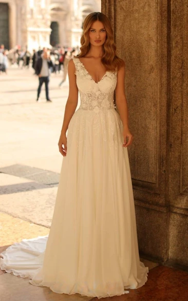 A-Line V-neck Elegant Tulle Straps Court Wedding Dress with Sweep Train