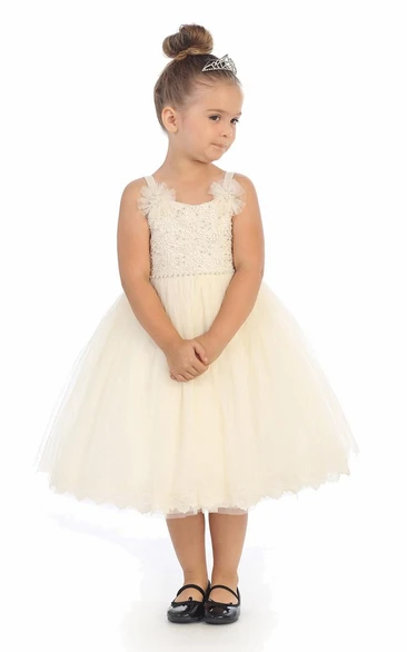 Flower Girl Dress Tea-Length Embroidered Tulle Lace Corset Back