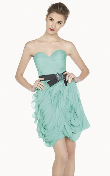 Sweetheart Sheath Prom Dress with Floral Sash and Ruffles Flowy Prom Dress