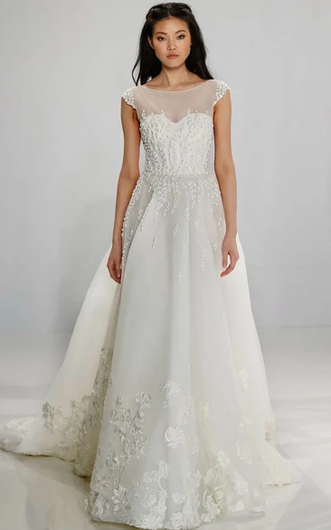 Short-Sleeve Scoop-Neck Sheath Wedding Dress with Keyhole Unique Bridal Gown