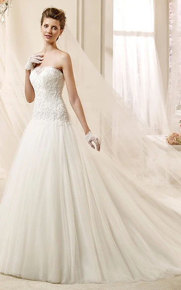 Strapless A-line Wedding Dress with Lace Bodice and Brush Train Simple Style