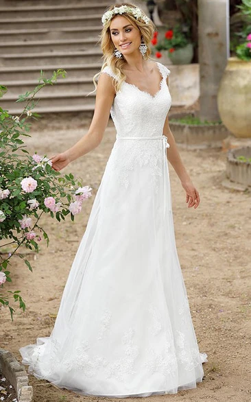 Illusion Cap-Sleeve V-Neck A-Line Lace Wedding Dress Modern Bridal Gown