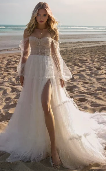 A-Line Off-the-shoulder Sweetheart Neck Fairy Fluttering Tulle Pleats Plus Size Floor-length Long Sleeve Wedding Bride Dress Backless Split