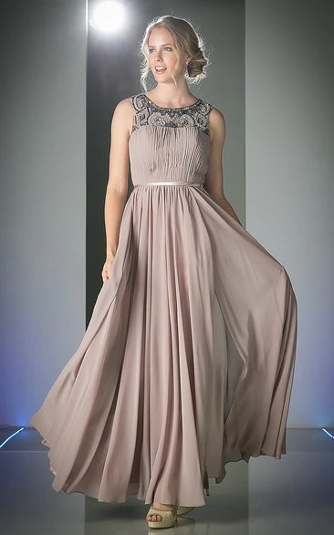 Ankle-Length Scoop-Neck A-Line Dress with Chiffon Illusion Ruching and Beading