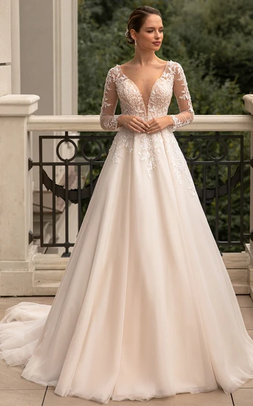 Simple A Line Tulle Wedding Dress with Plunging Neckline and Beading Elegant Wedding Dress