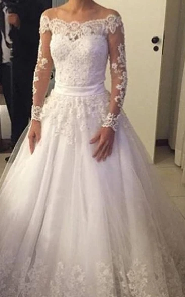 A-line Lace Gown with Long Sleeves Pleats and Bow Belt