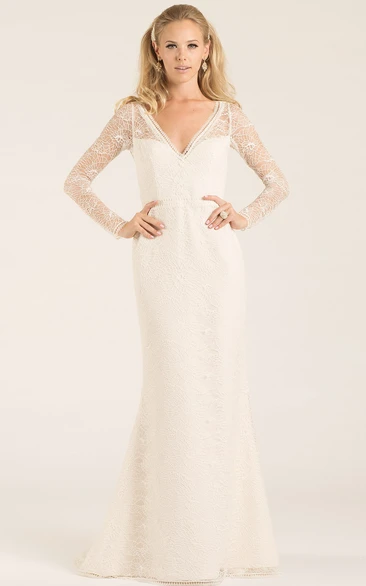 V-Neck Lace Sheath Wedding Dress with Keyhole and Long Sleeves Unique Wedding Dress 2024