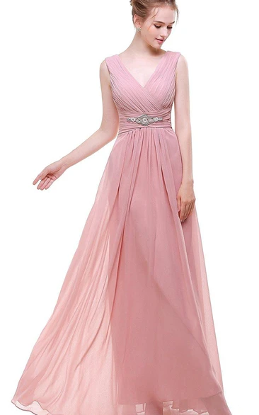 Pink Beaded Empire Chiffon Bridesmaid Dress with V-Neck and V-Back