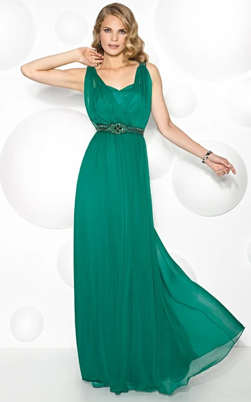 Sleeveless Chiffon V-Neck Prom Dress with Jeweled Appliques Unique Bridesmaid Dress