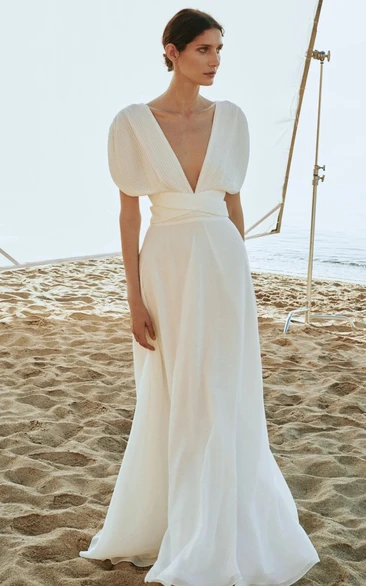 Chiffon A Line Wedding Dress with V-neck & Sash Modern & Flowy
