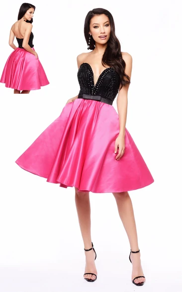 Sweetheart Sleeveless Satin A-Line Dress with Beading Short Elegant