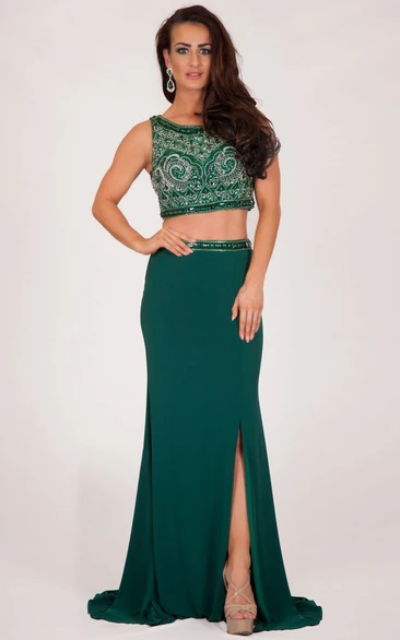 Sleeveless Beaded Scoop-Neck Jersey Prom Dress Long Sheath Style