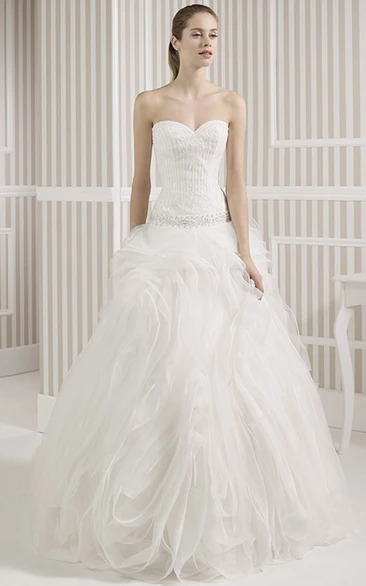 Beaded Tulle Wedding Dress with Ruffles and V Back A-Line Sweetheart Maxi