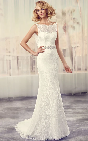 Jeweled Lace Wedding Dress with V-Back and Sweep Train Maxi Bateau Style