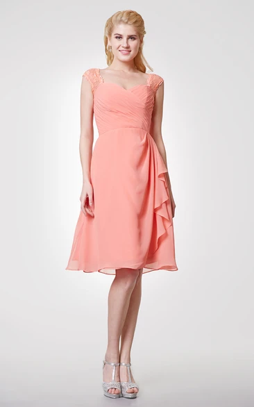 Chiffon Dress with Cap Sleeves Knee Length and Back Keyhole for Women