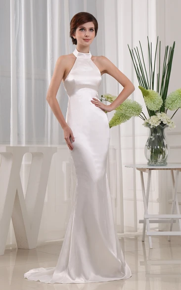 Satin Halter Sheath Wedding Dress with Brush Train Sleeveless Elegant Bridal Gown