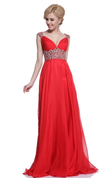 Queen Anne Chiffon Floor-Length A-Line Bridesmaid Dress with Keyhole and Beading