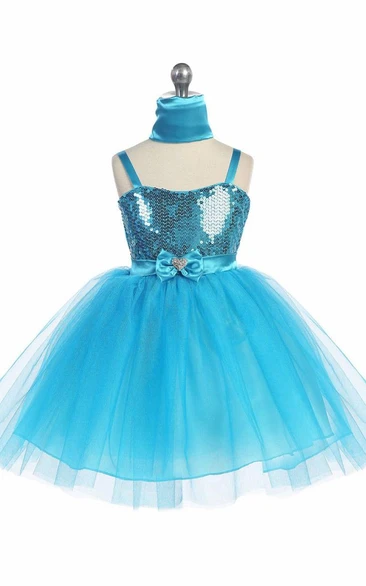 Knee-Length Beaded Cape Tulle & Sequins Flower Girl Dress with Ribbon