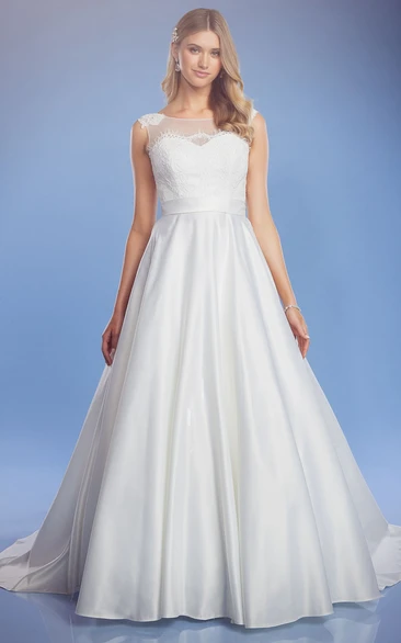 Satin Wedding Dress with Court Train and Corset Back A-Line Style