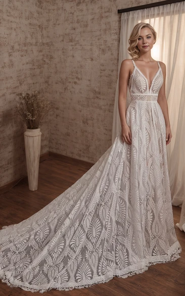 Bohemian Elegant A-Line Boho Lace Sleeveless Wedding Dress Floral Beach Romantic Court Train Backless Bridal Gown