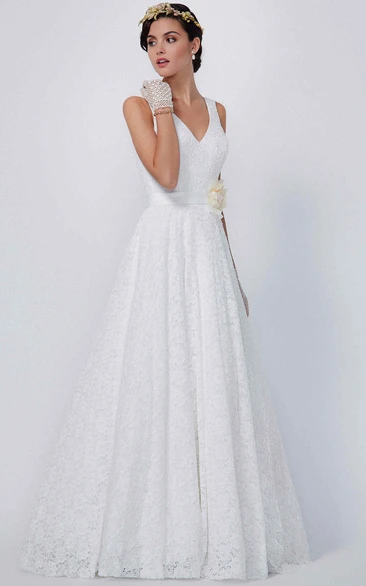 Floral A-Line V-Neck Bridesmaid Dress with Lace Sleeveless Floor-Length