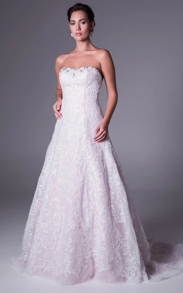 Lace A-Line Wedding Dress with Beading Strapless Deep-V Back Elegant