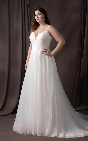 Plus Size A-Line Lace Tulle Wedding Dress Bohemian Spaghetti Sexy