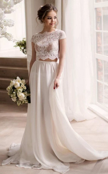 Lace Top Two-Piece Chiffon Wedding Dress with Short Sleeves