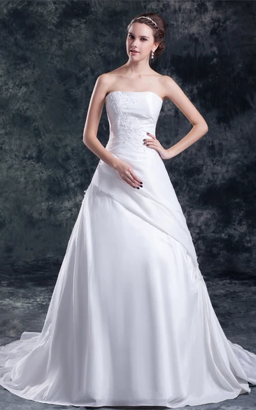 Satin A-Line Wedding Dress With Corset Back Appliques and Strapless Neckline