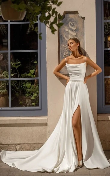 A-Line Satin Wedding Dress with Spaghetti Straps and Split Front for Garden Wedding Casual Chic