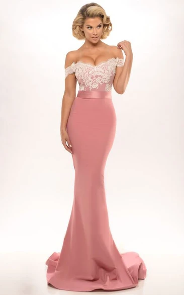 Long Off-The-Shoulder Jersey Prom Dress with Trumpet Silhouette and Appliqued Bodice